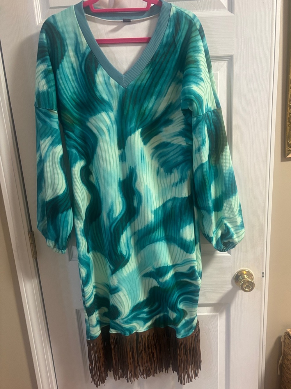 Vibrant Teal & Aqua V-Neck Fringe Dress